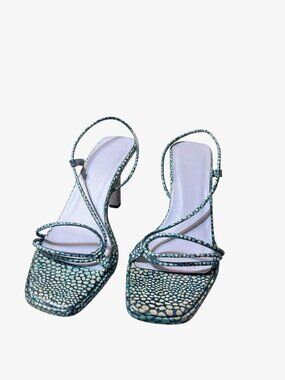 Vintage y2k Heels Metallic Blue Snakeskin 37 6.5 Strappy Square Heel Armani Text